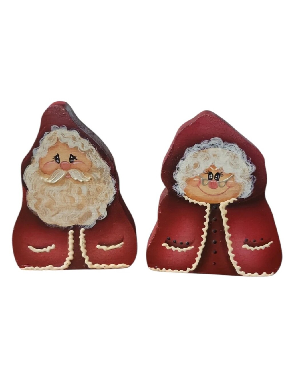 Vtg 1970's Folk Art Tole Hand Painted Mr Mrs Claus Solid Wood Christmas
